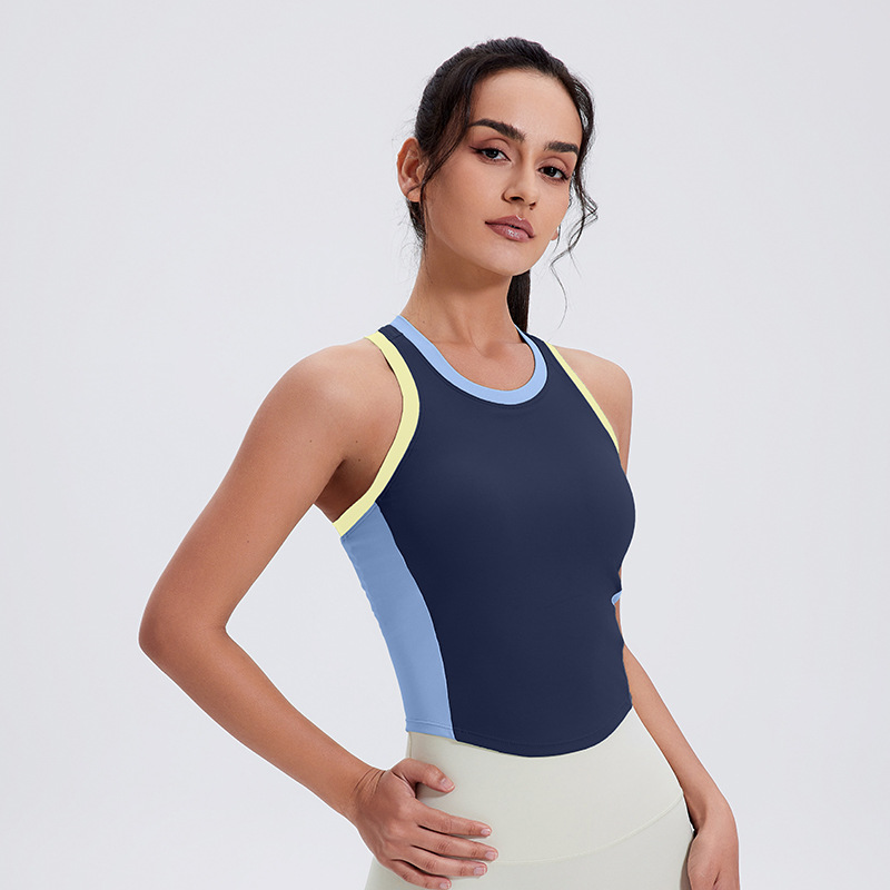 Round Neck Contrast Color Splicing Sports Vest with Chest Pad Casual Running Fitness Sports Top Yoga Clothes Women - Image 4