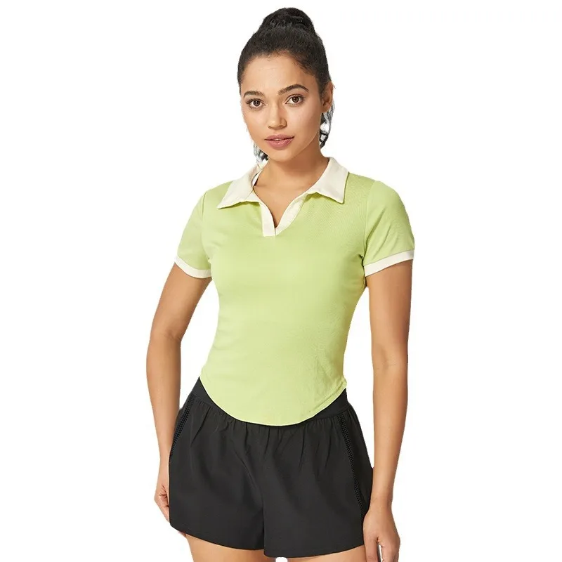 Tennis Short sleeved T-shirt Spring/Summer Contrast V-neck Flip Collar Sweat-absorbing Fitness Sports T-shirt Yoga Dress Women - Image 5