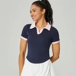 Tennis Short sleeved T-shirt Spring/Summer Contrast V-neck Flip Collar Sweat-absorbing Fitness Sports T-shirt Yoga Dress Women