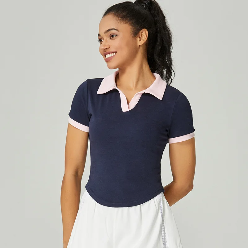Tennis Short sleeved T-shirt Spring/Summer Contrast V-neck Flip Collar Sweat-absorbing Fitness Sports T-shirt Yoga Dress Women