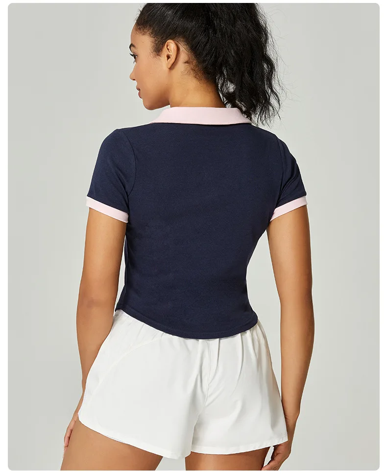 Tennis Short sleeved T-shirt Spring/Summer Contrast V-neck Flip Collar Sweat-absorbing Fitness Sports T-shirt Yoga Dress Women - Image 2