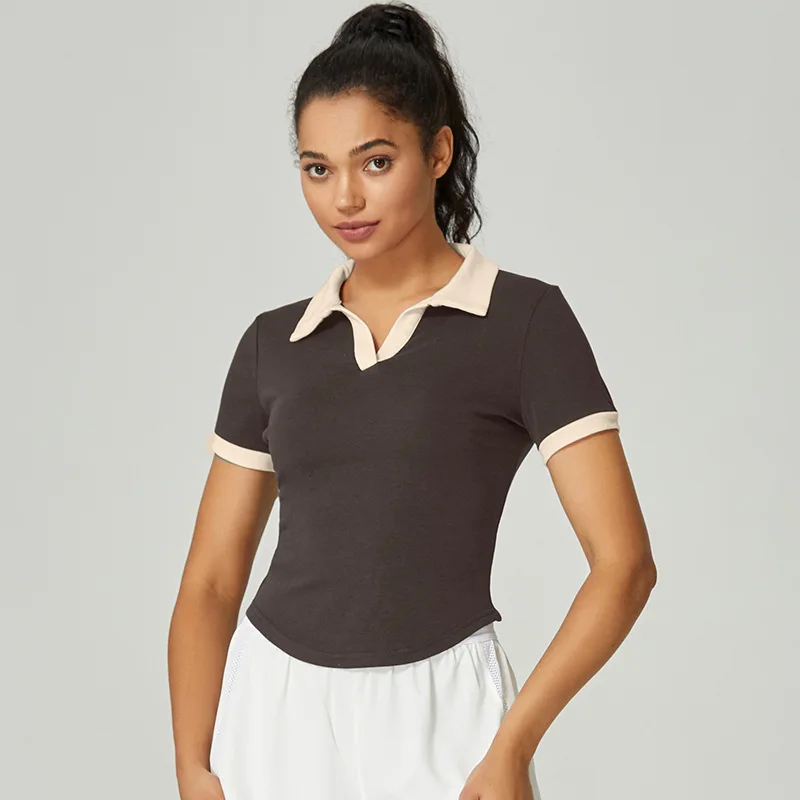 Tennis Short sleeved T-shirt Spring/Summer Contrast V-neck Flip Collar Sweat-absorbing Fitness Sports T-shirt Yoga Dress Women - Image 6
